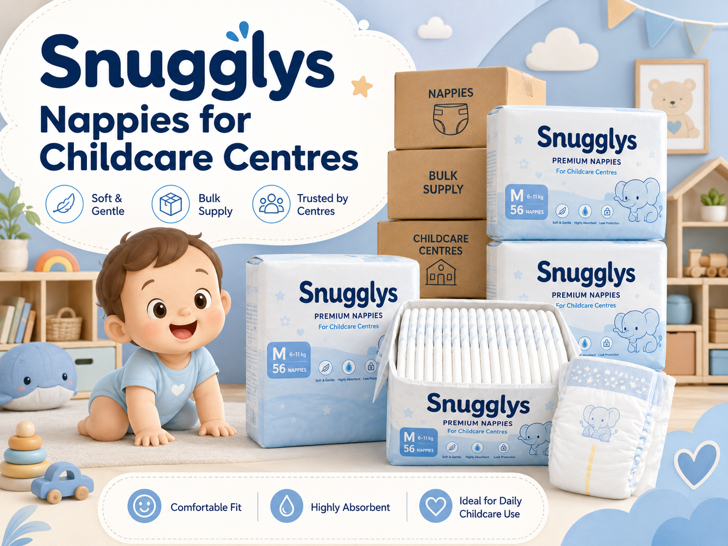 Snugglys Nappies for Childcare Centres: Sizes, Cartons and Ordering