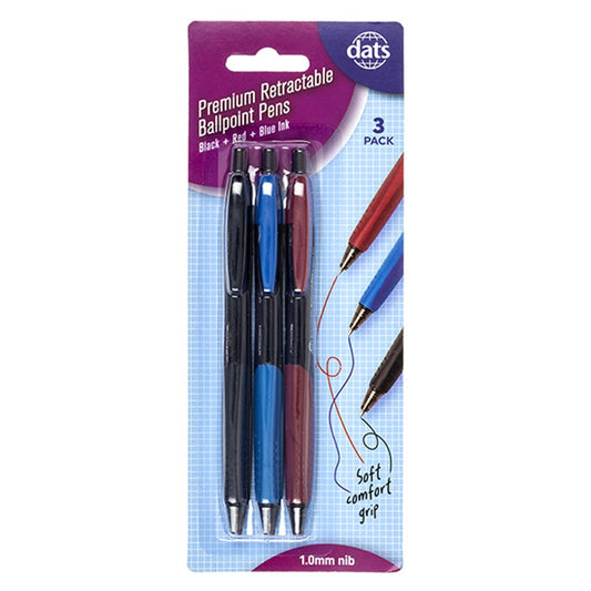 Premium Retractable Ballpoint Pen With Grip - Mixed 3 Pack