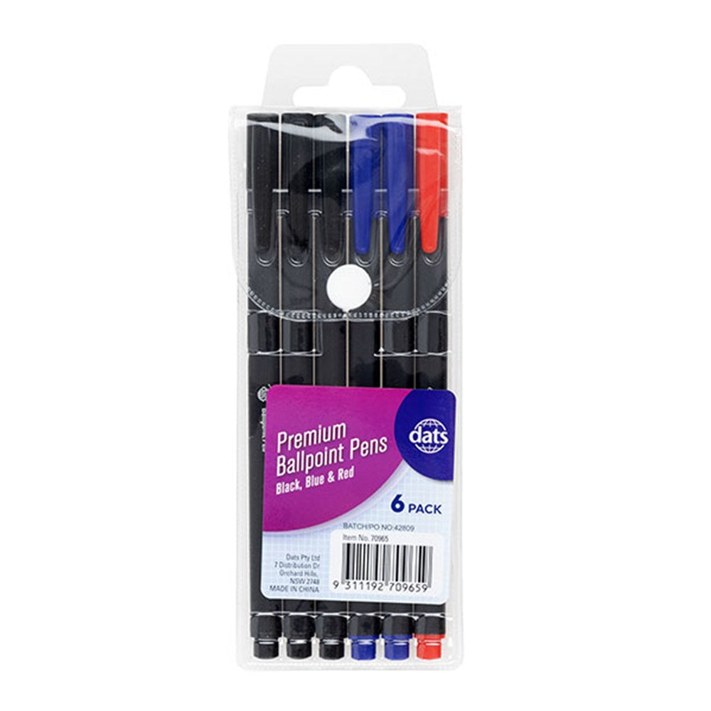 Premium Ballpoint Pen With Cap - 6 Pack - Mixed