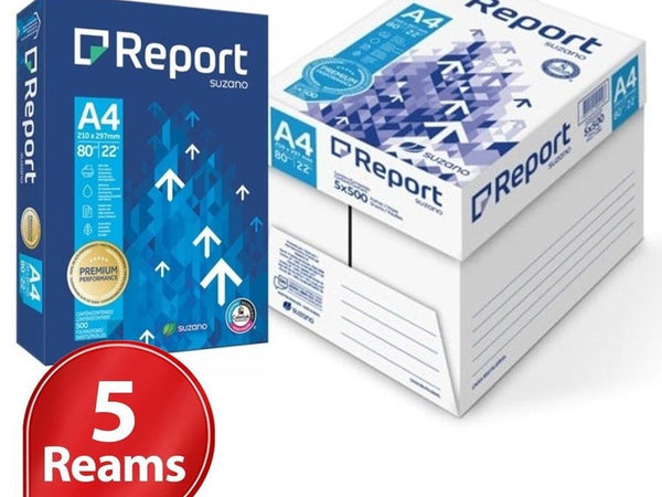 Two boxes of Report brand paper with a red circle indicating 5 reams