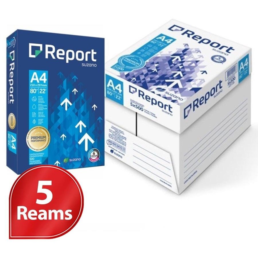 Two boxes of Report brand paper with a red circle indicating 5 reams
