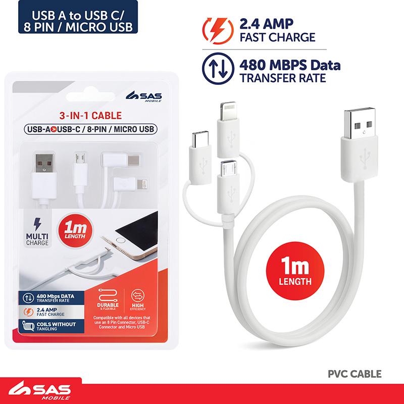 Universal 3in1 USB-A Cable - 1m (Fast Charge)