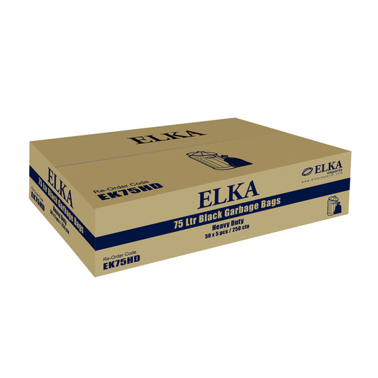 Elka 75L Heavy Duty Black Garbage Bags Carton of 250 (Roll)