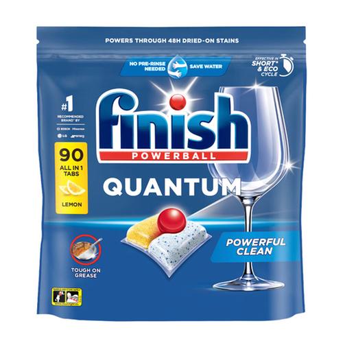 A package of Finish Powerball Quantum dishwashing detergent tabs in lemon scent, featuring a blue resealable bag with a wine glass graphic
