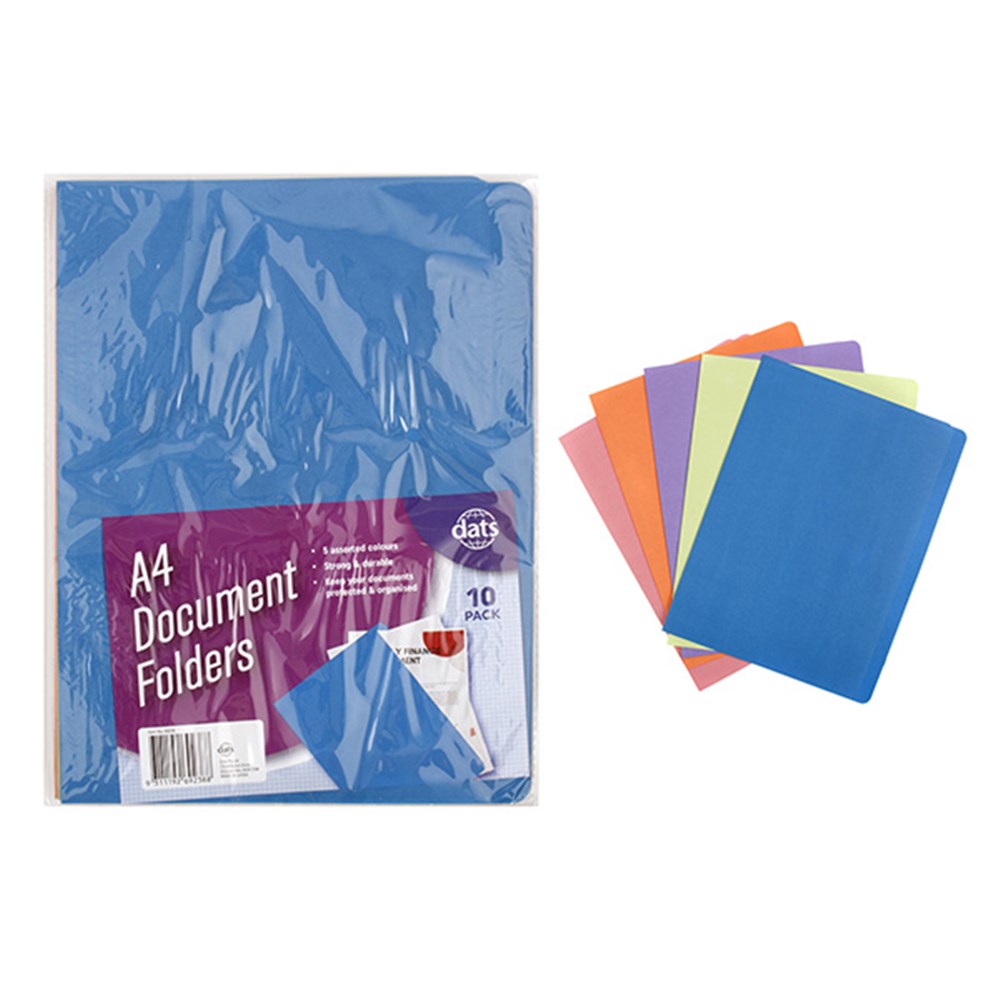 A4 Manila Document Folder- Assorted Colours - 10 Pack