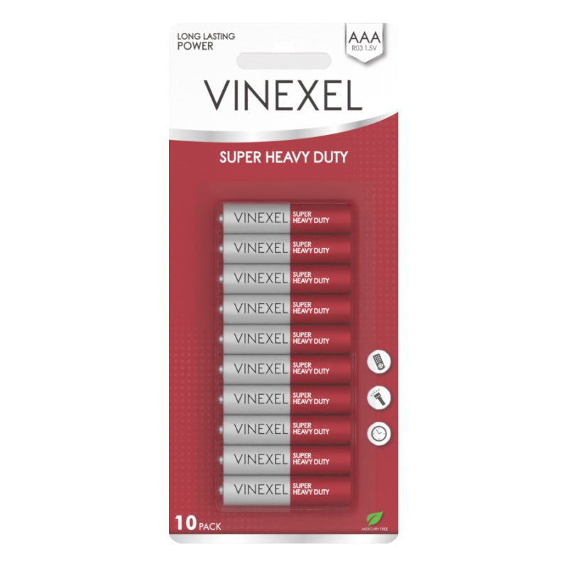 A 10-pack of Vinexel Super Heavy Duty AAA batteries in their original retail blister packaging, featuring a red and white design.