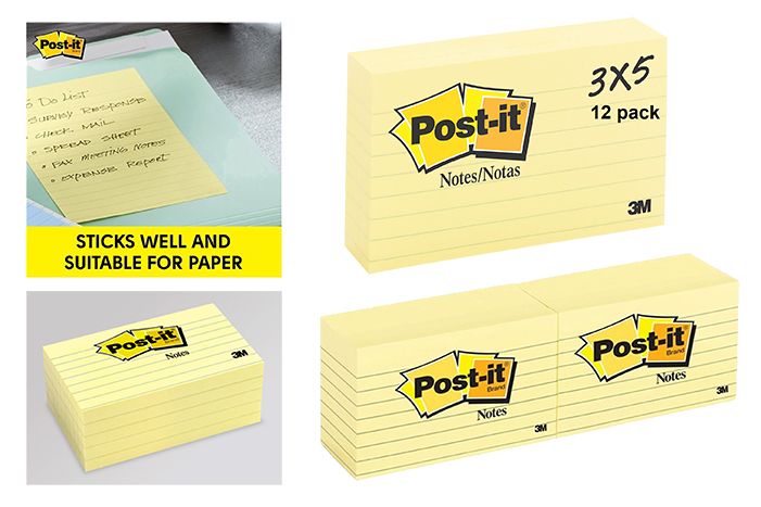 Post It Notes 76mm x 127mm - Yellow Lined - 100 Sheets x 12 Packs
