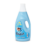 Comfort brand light blue fabric softener bottle with a white cap, featuring a floral label
